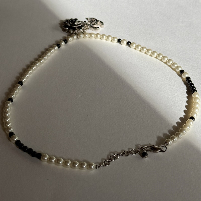 Chanel Faux Pearl Necklace with Silver Camellia CC Pendant