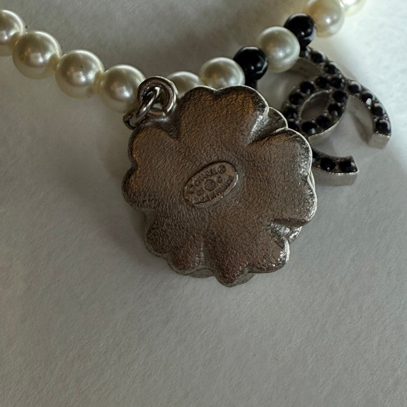 Chanel Faux Pearl Necklace with Silver Camellia CC Pendant