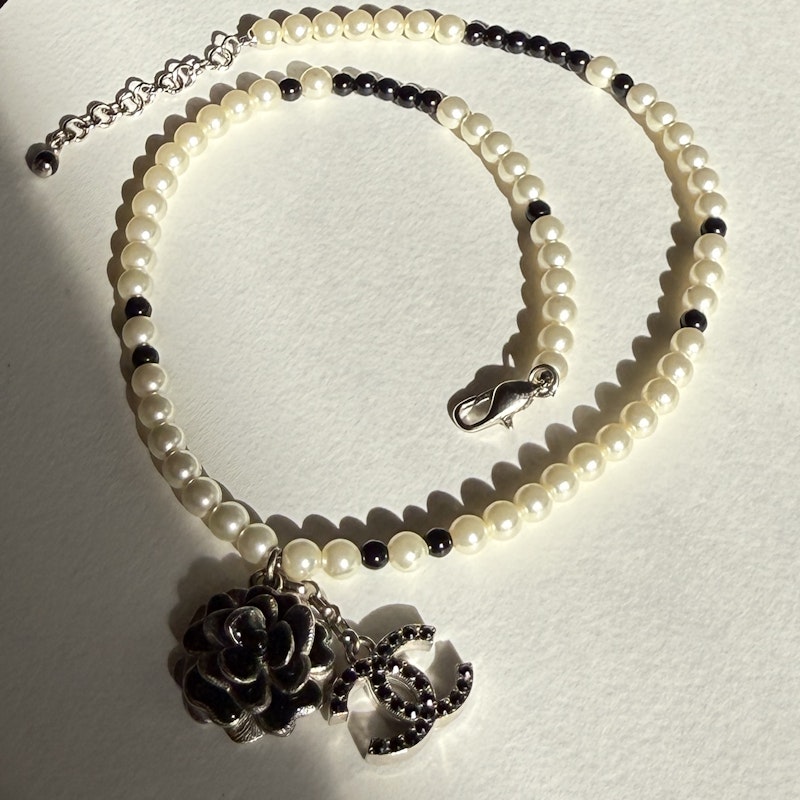 Chanel Faux Pearl Necklace with Silver Camellia CC Pendant
