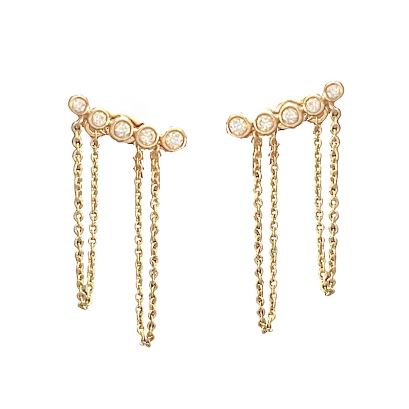 14k Yellow Gold Double Chain Bezel Diamond Climber Earrings