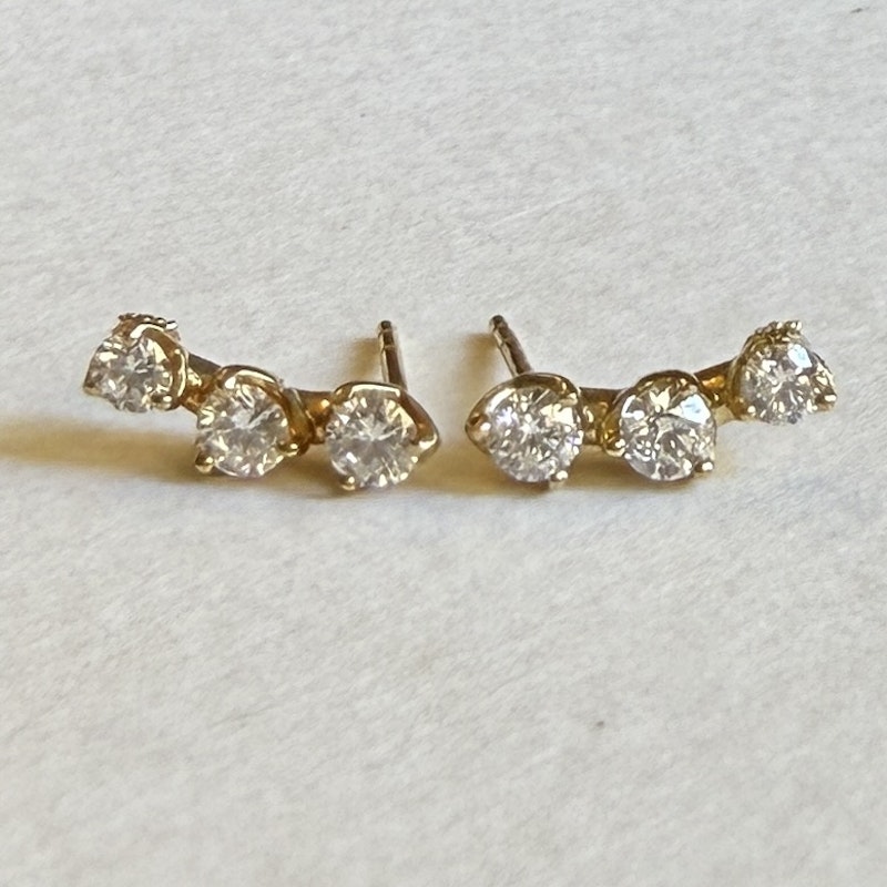 Three Diamond Ear Climber Stud Earrings