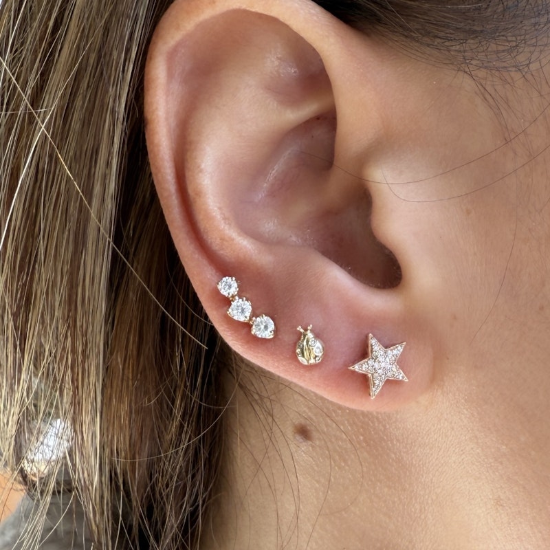 Three Diamond Ear Climber Stud Earrings