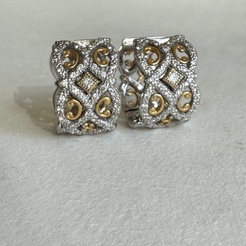 18k White and Yellow Gold Diamond Lace Hoop Earrings