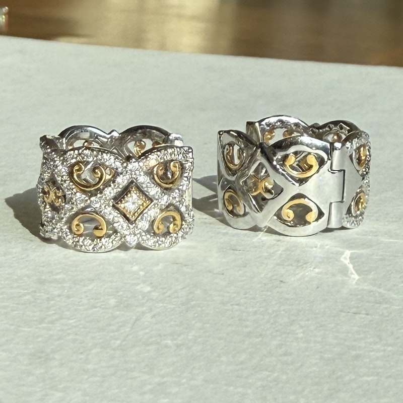 18k White and Yellow Gold Diamond Lace Hoop Earrings