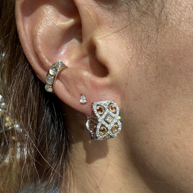 18k White and Yellow Gold Diamond Lace Hoop Earrings
