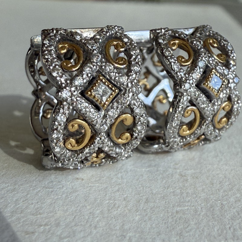 18k White and Yellow Gold Diamond Lace Hoop Earrings