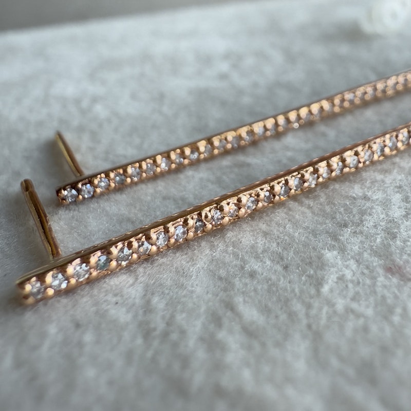 14k Rose Gold Pavé Diamond Vertical Long Bar Earrings