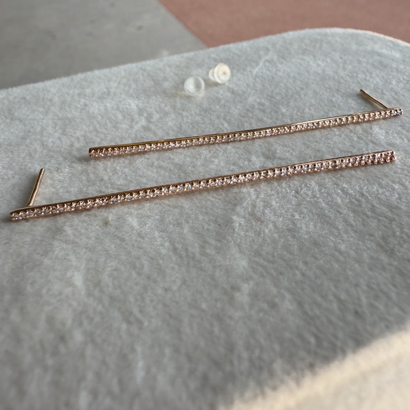 14k Rose Gold Pavé Diamond Vertical Long Bar Earrings