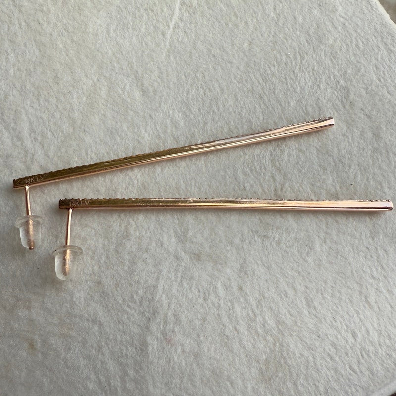 14k Rose Gold Pavé Diamond Vertical Long Bar Earrings