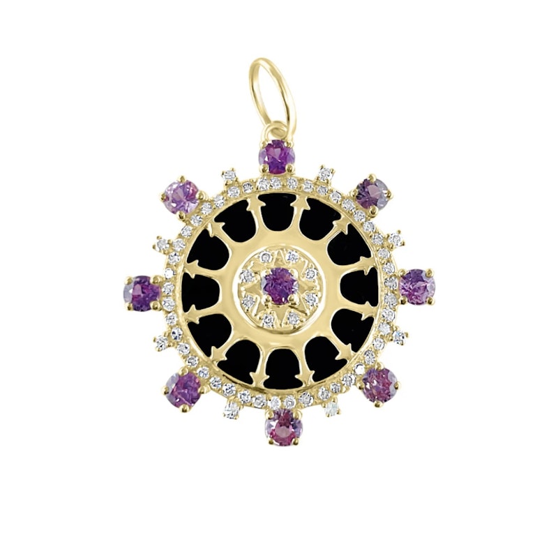 14k Yellow Gold Pink Sapphire and Onyx Compass Pendant