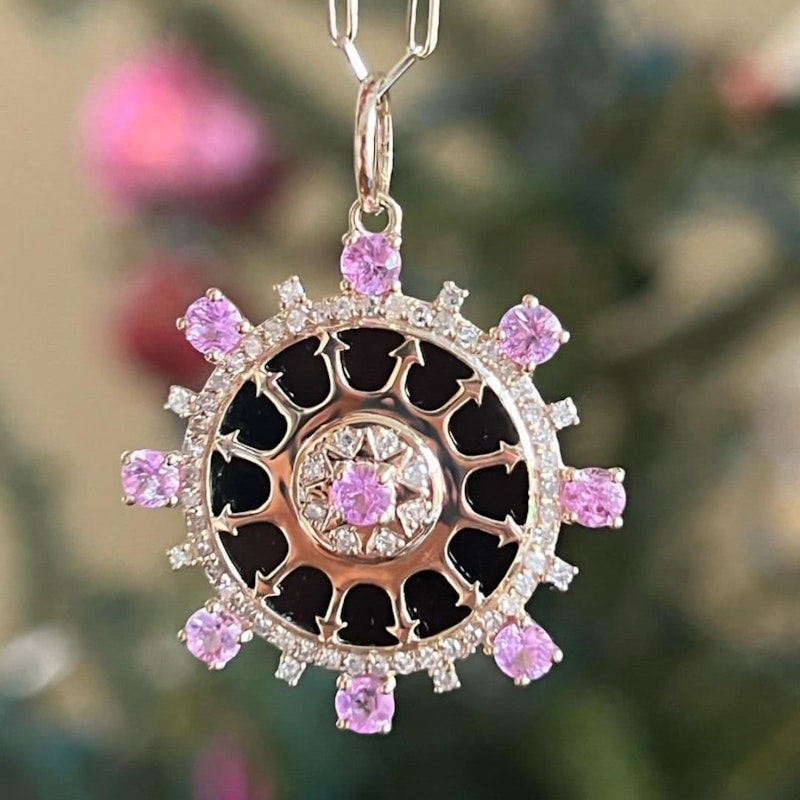 14k Yellow Gold Pink Sapphire and Onyx Compass Pendant