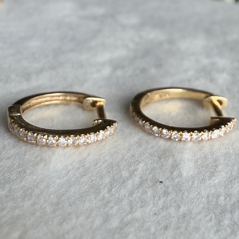 14k Yellow Gold Diamond Fluted Heart Drop Huggie Earrings