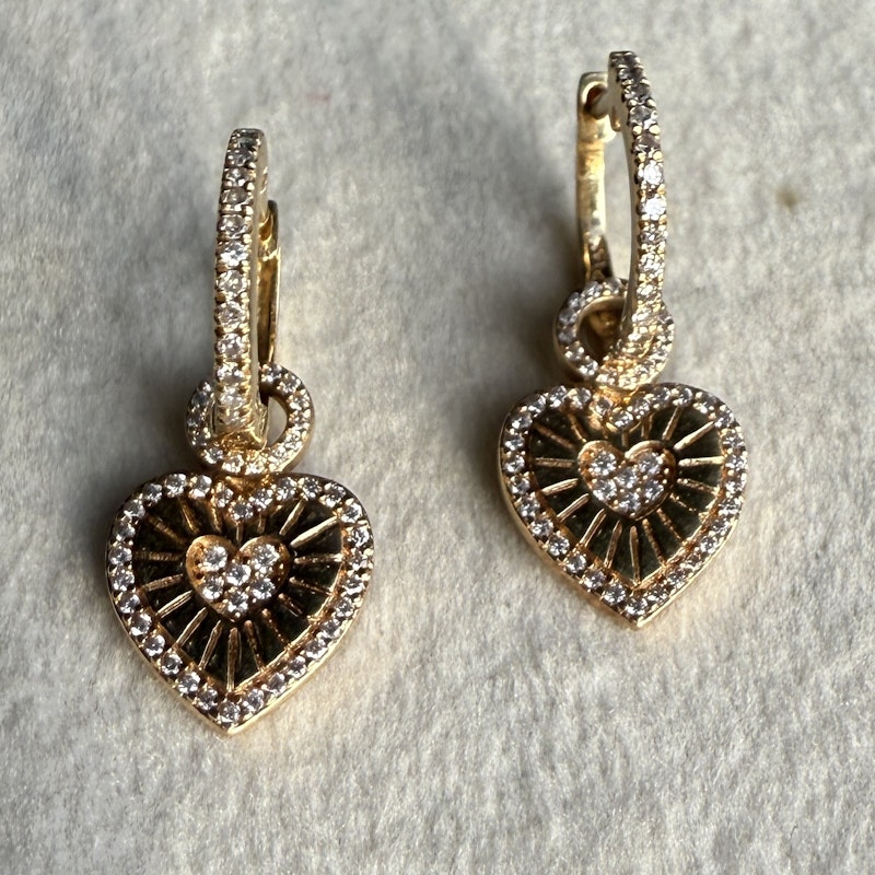 14k Yellow Gold Diamond Fluted Heart Drop Huggie Earrings