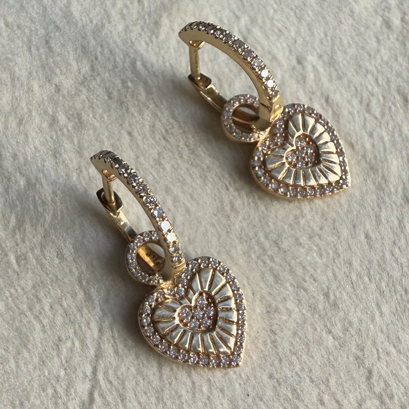 14k Yellow Gold Diamond Fluted Heart Drop Huggie Earrings