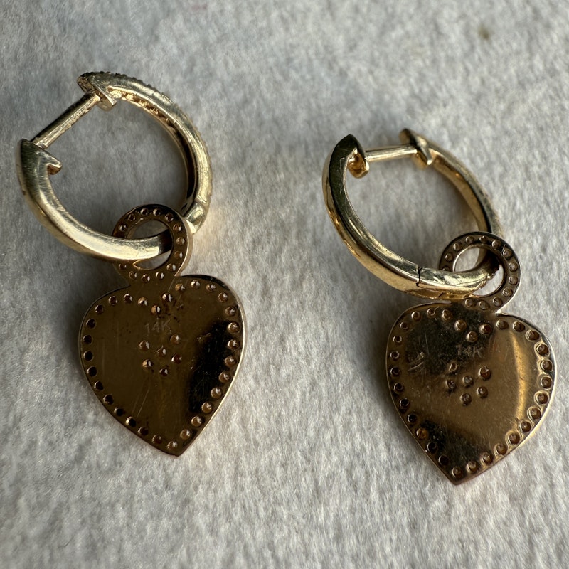 14k Yellow Gold Diamond Fluted Heart Drop Huggie Earrings