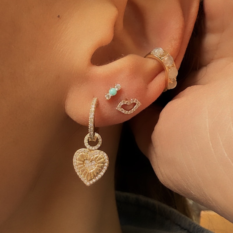14k Yellow Gold Diamond Fluted Heart Drop Huggie Earrings