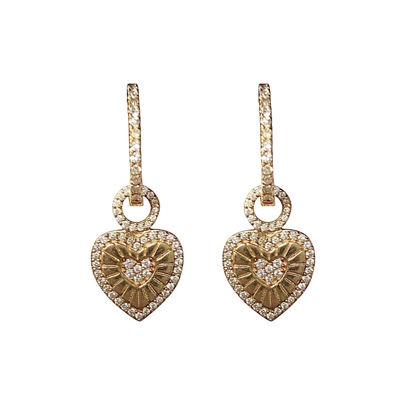 14k Yellow Gold Diamond Fluted Heart Drop Huggie Earrings