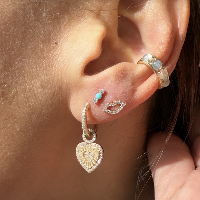 14k Yellow Gold Diamond Fluted Heart Drop Huggie Earrings