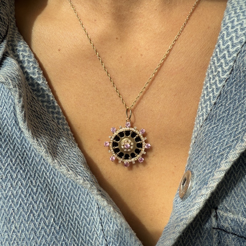 14k Yellow Gold Pink Sapphire and Onyx Compass Pendant