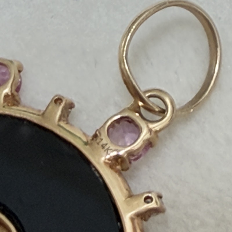14k Yellow Gold Pink Sapphire and Onyx Compass Pendant