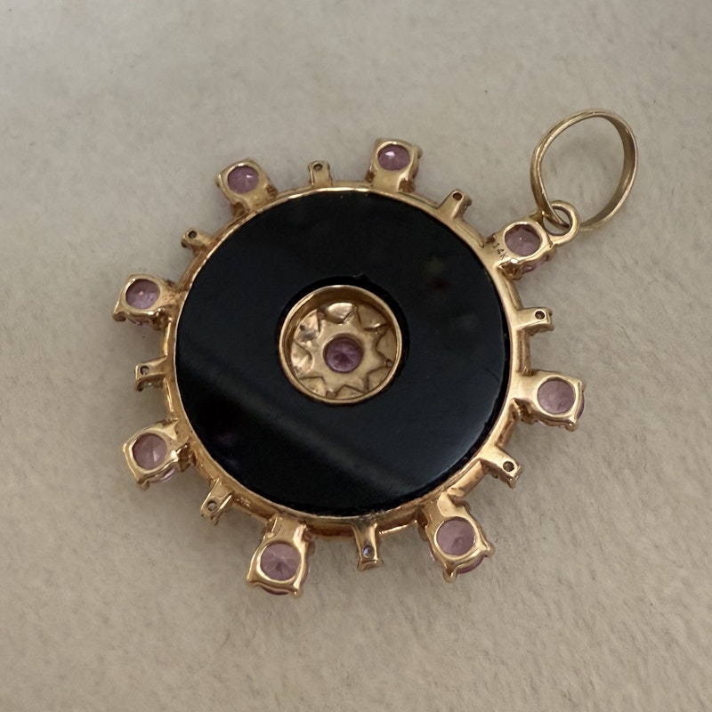 14k Yellow Gold Pink Sapphire and Onyx Compass Pendant