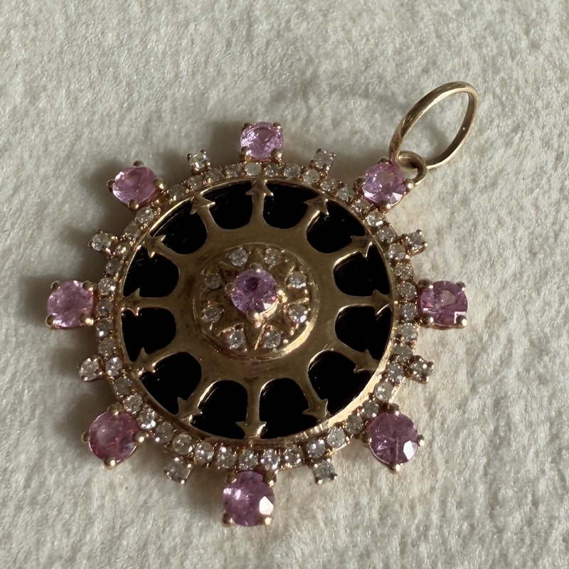 14k Yellow Gold Pink Sapphire and Onyx Compass Pendant