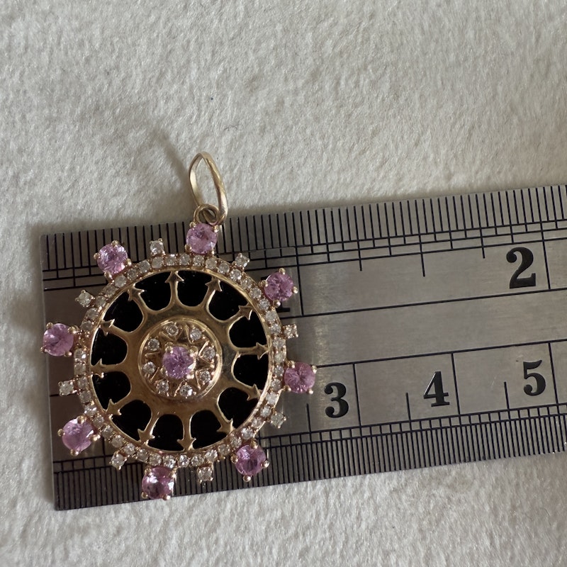 14k Yellow Gold Pink Sapphire and Onyx Compass Pendant