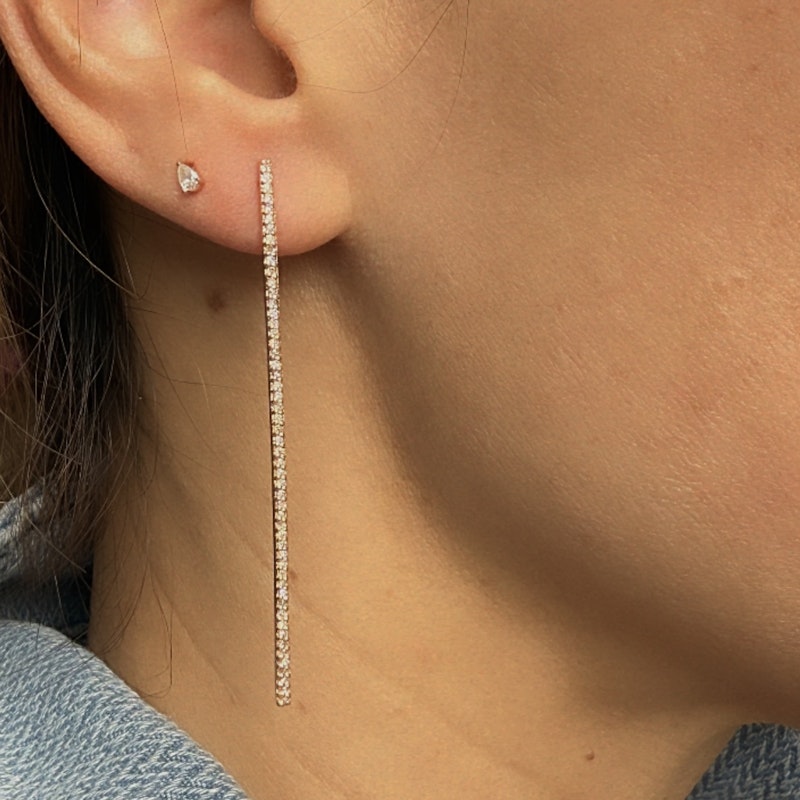 14k Rose Gold Pavé Diamond Vertical Long Bar Earrings