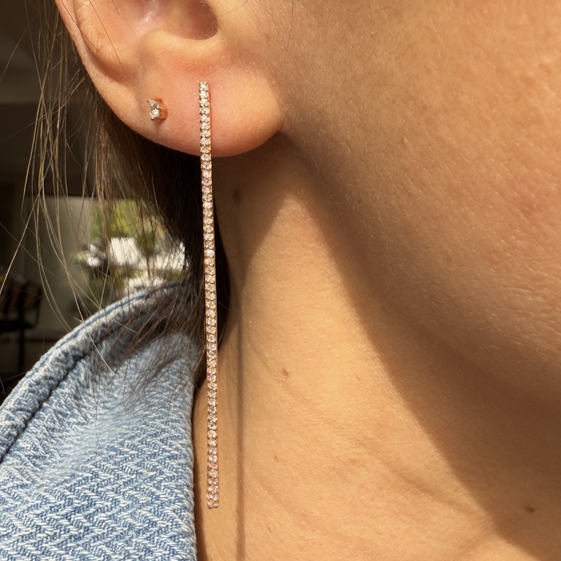 14k Rose Gold Pavé Diamond Vertical Long Bar Earrings
