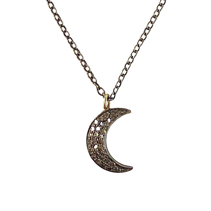 Antiqued Silver Crescent Moon and Diamond Pendant Necklace