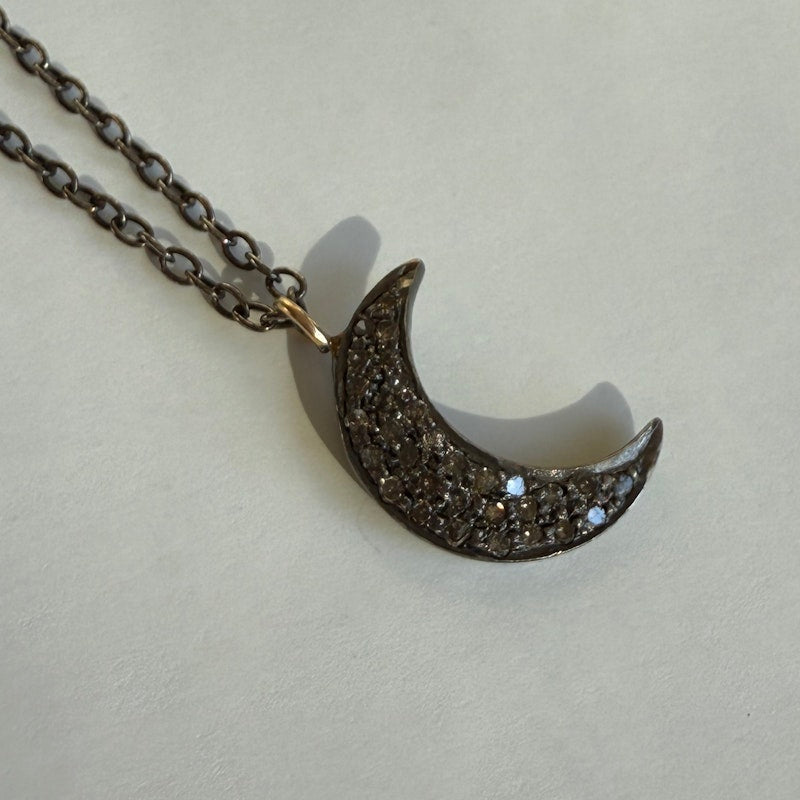 Antiqued Silver Crescent Moon and Diamond Pendant Necklace