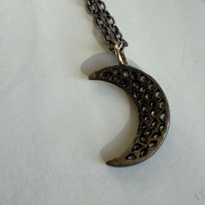 Antiqued Silver Crescent Moon and Diamond Pendant Necklace