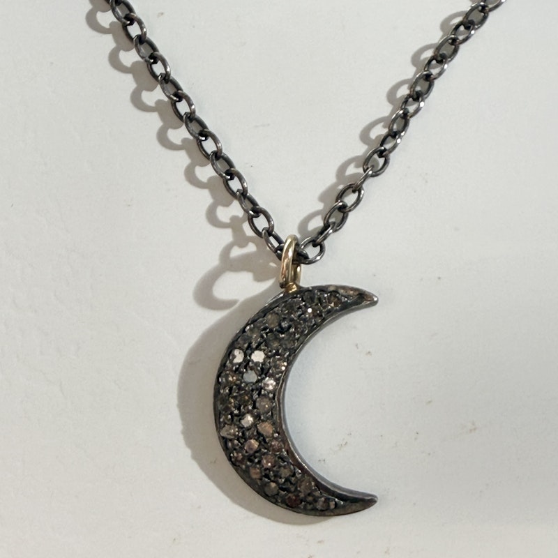 Antiqued Silver Crescent Moon and Diamond Pendant Necklace