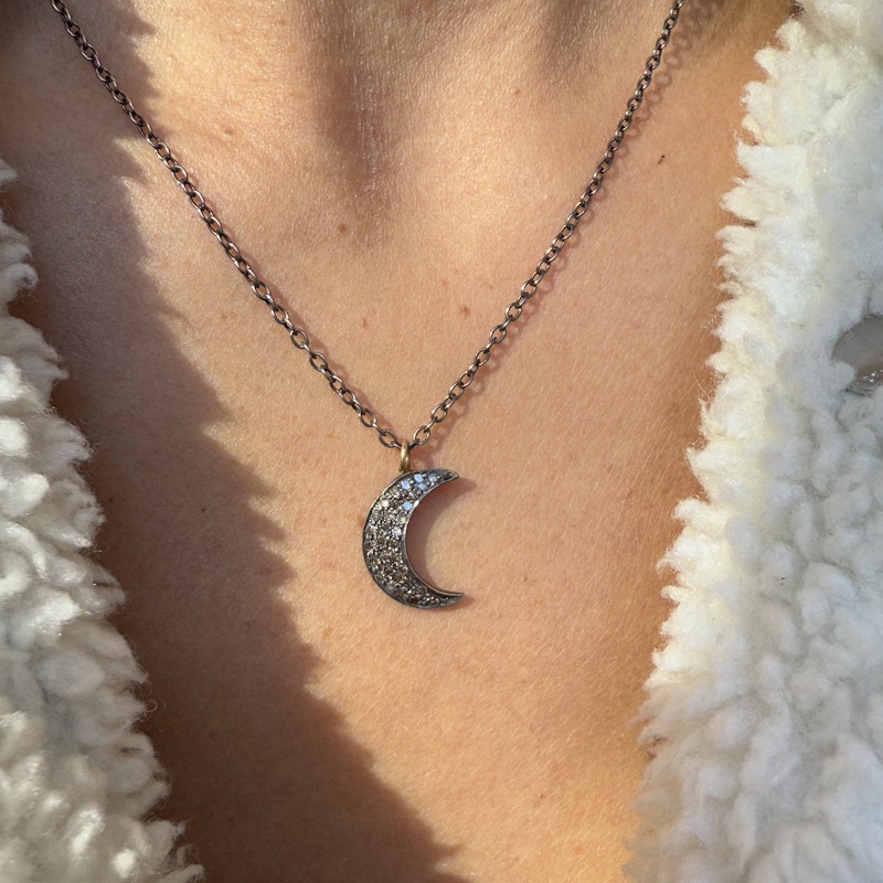 Antiqued Silver Crescent Moon and Diamond Pendant Necklace