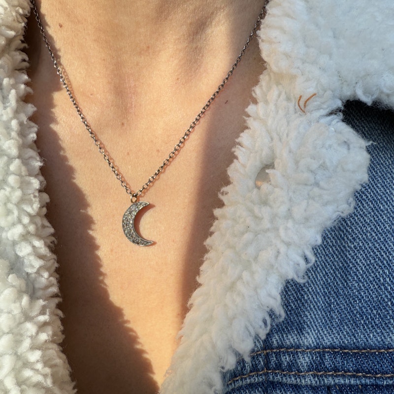 Antiqued Silver Crescent Moon and Diamond Pendant Necklace