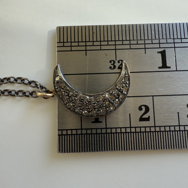 Antiqued Silver Crescent Moon and Diamond Pendant Necklace