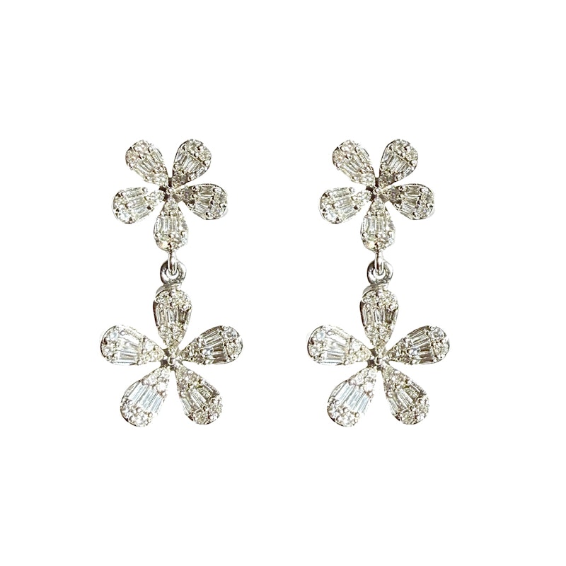 14k White Gold Diamond Flower Dangle Earrings