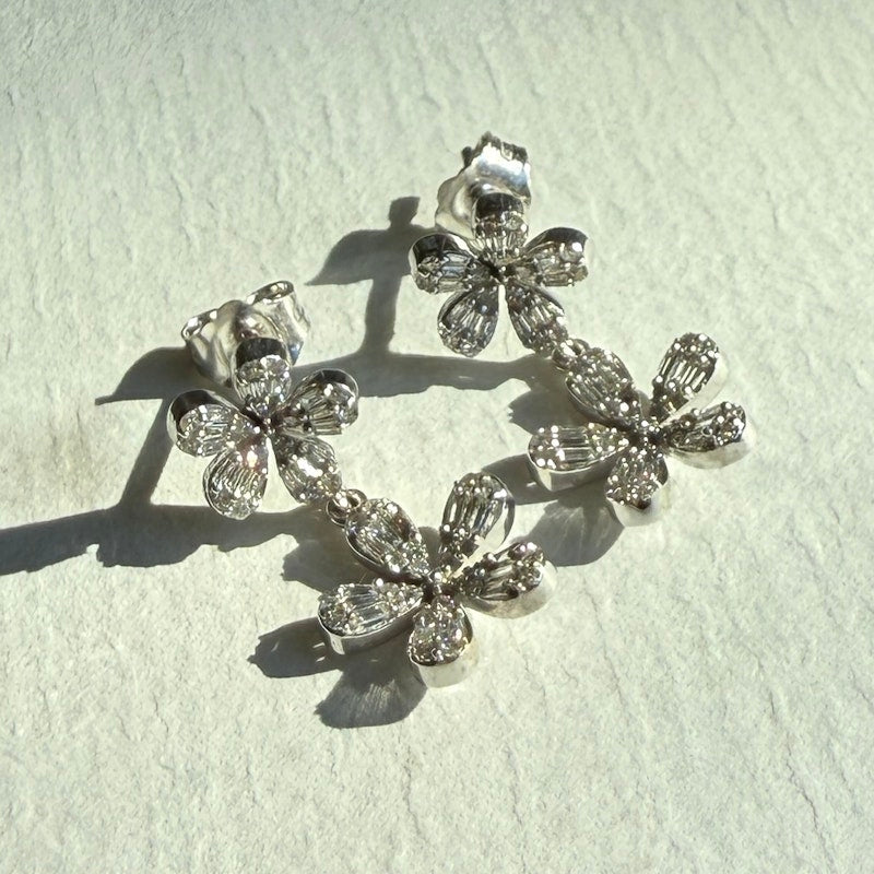 14k White Gold Diamond Flower Dangle Earrings