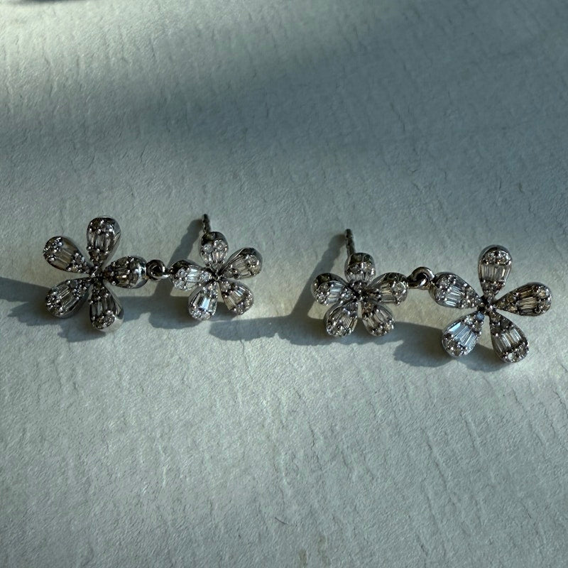 14k White Gold Diamond Flower Dangle Earrings