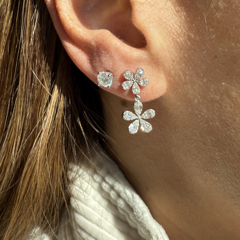 14k White Gold Diamond Flower Dangle Earrings