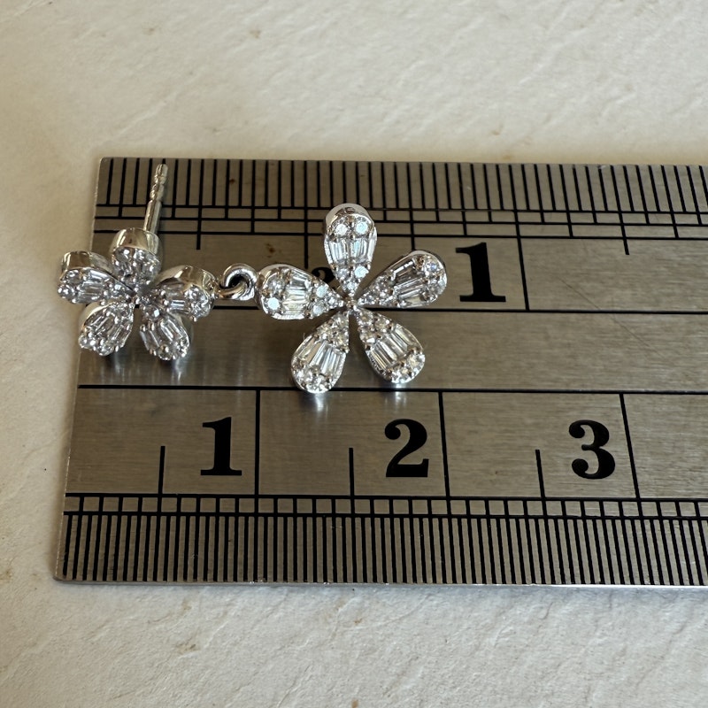 14k White Gold Diamond Flower Dangle Earrings