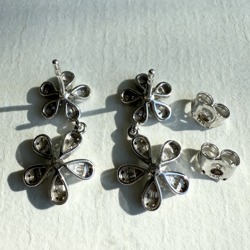 14k White Gold Diamond Flower Dangle Earrings