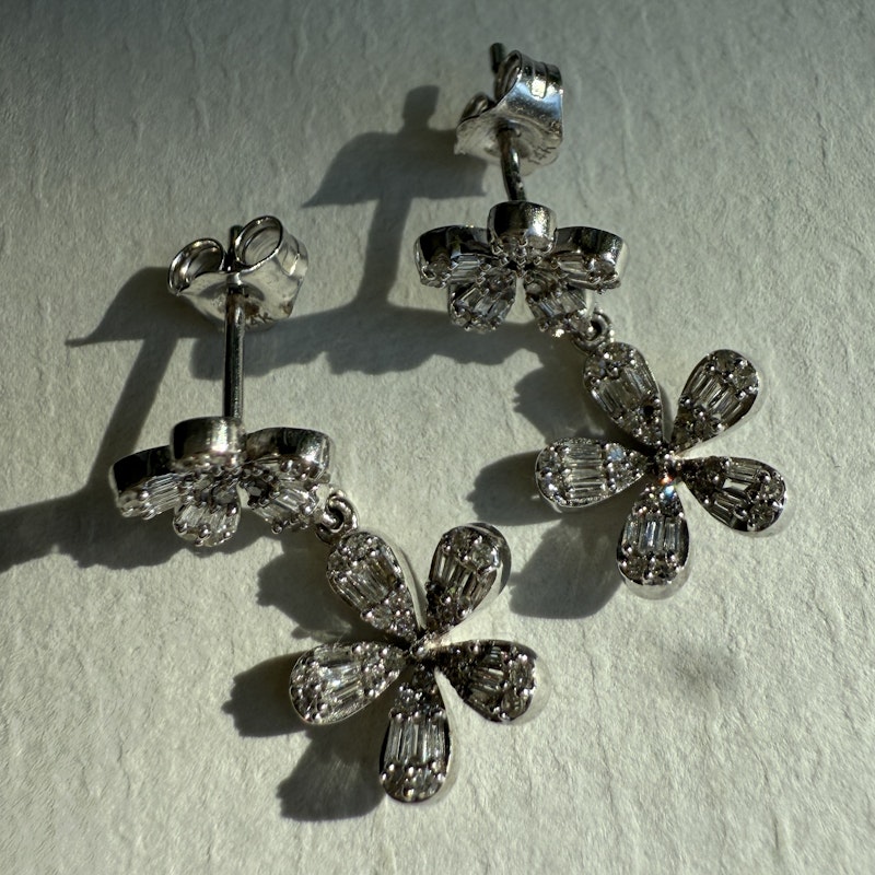 14k White Gold Diamond Flower Dangle Earrings