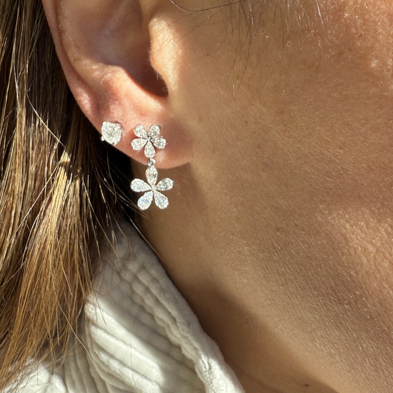 14k White Gold Diamond Flower Dangle Earrings