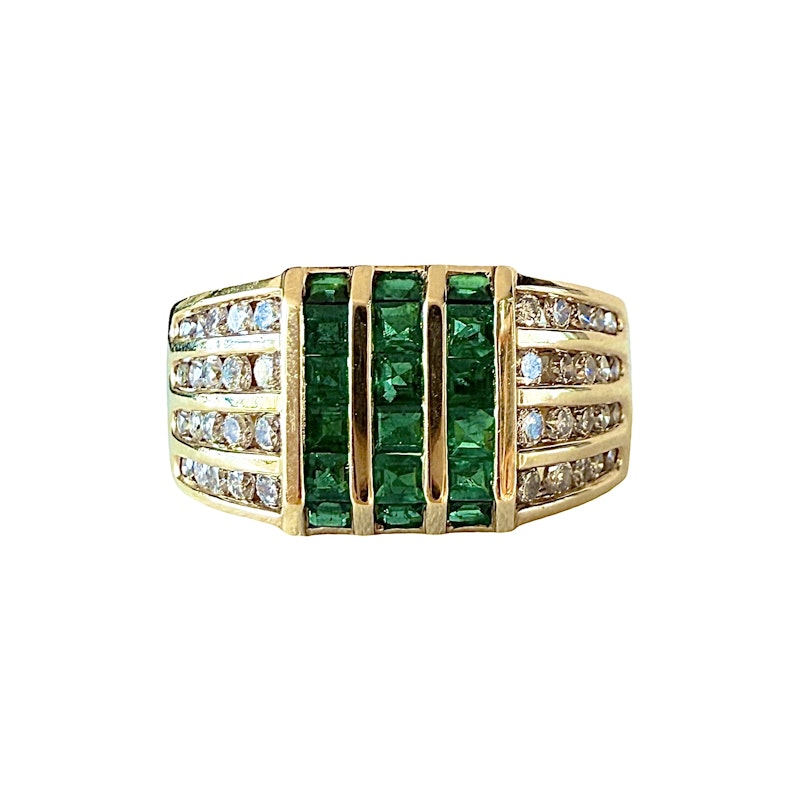 Vintage 18k Yellow Gold Channel Set Diamond and Emerald Ring