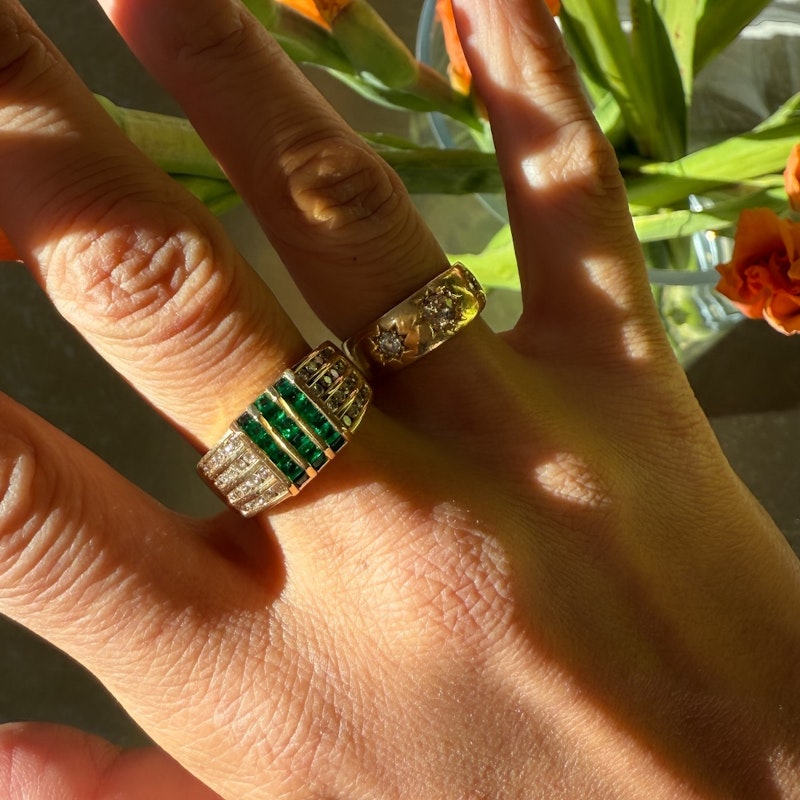 Vintage 18k Yellow Gold Channel Set Diamond and Emerald Ring