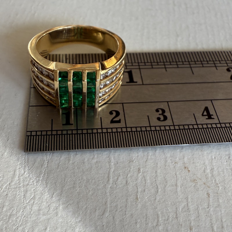 Vintage 18k Yellow Gold Channel Set Diamond and Emerald Ring