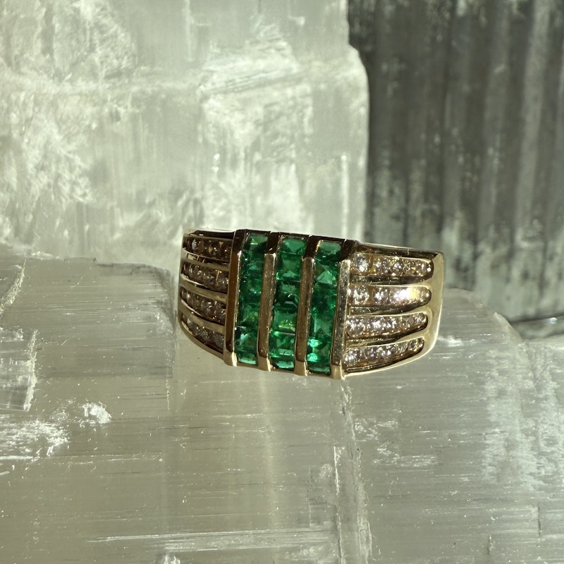 Vintage 18k Yellow Gold Channel Set Diamond and Emerald Ring