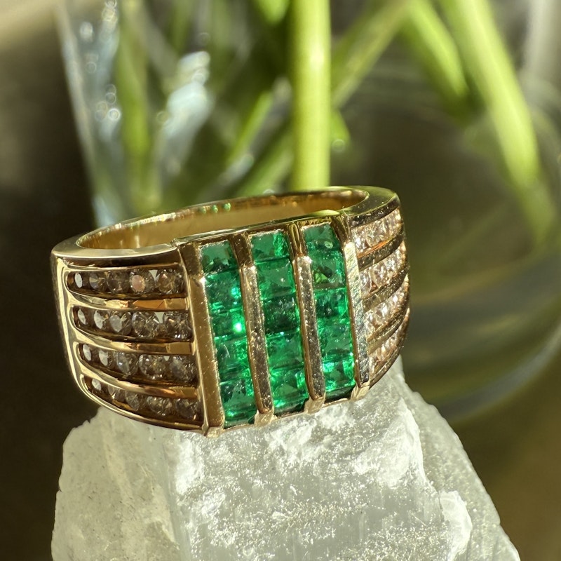 Vintage 18k Yellow Gold Channel Set Diamond and Emerald Ring