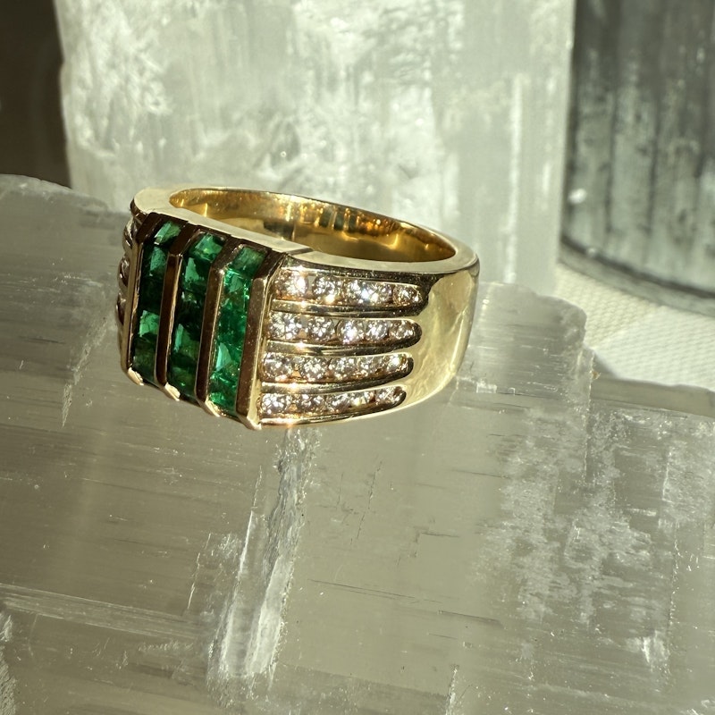 Vintage 18k Yellow Gold Channel Set Diamond and Emerald Ring
